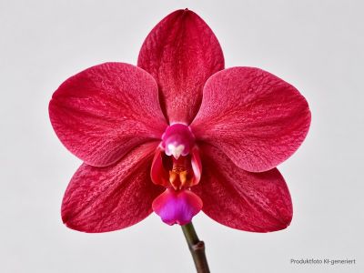 Close-up of a vibrant magenta-red Phalaenopsis orchid flower with a multicoloured lip in fuchsia, orange and white. Five large petals with fine dark veining. Symmetrically arranged on a dark stem against a light grey background.